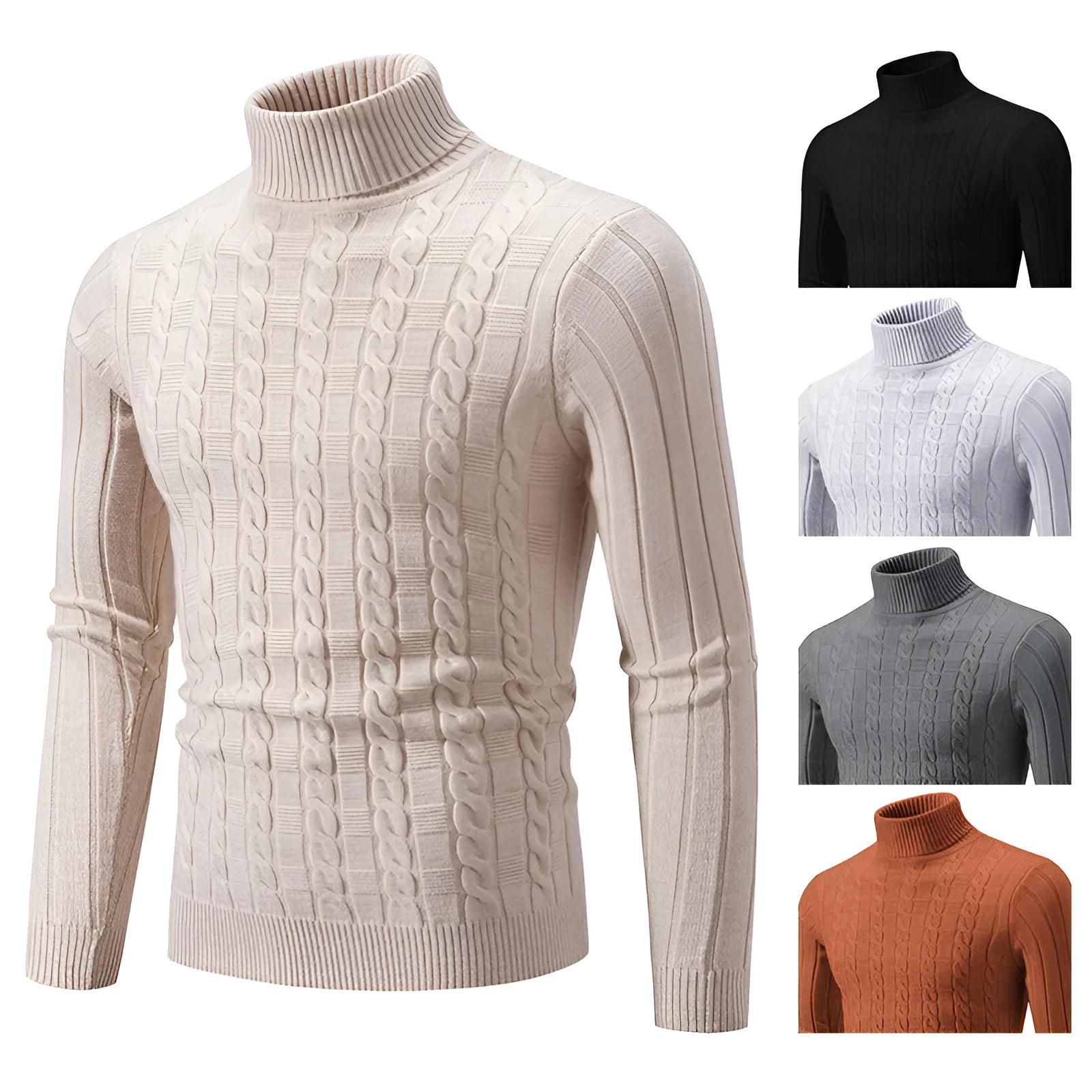 Men's slim fit chenille turtleneck pullover sweater in beige on a grey background.