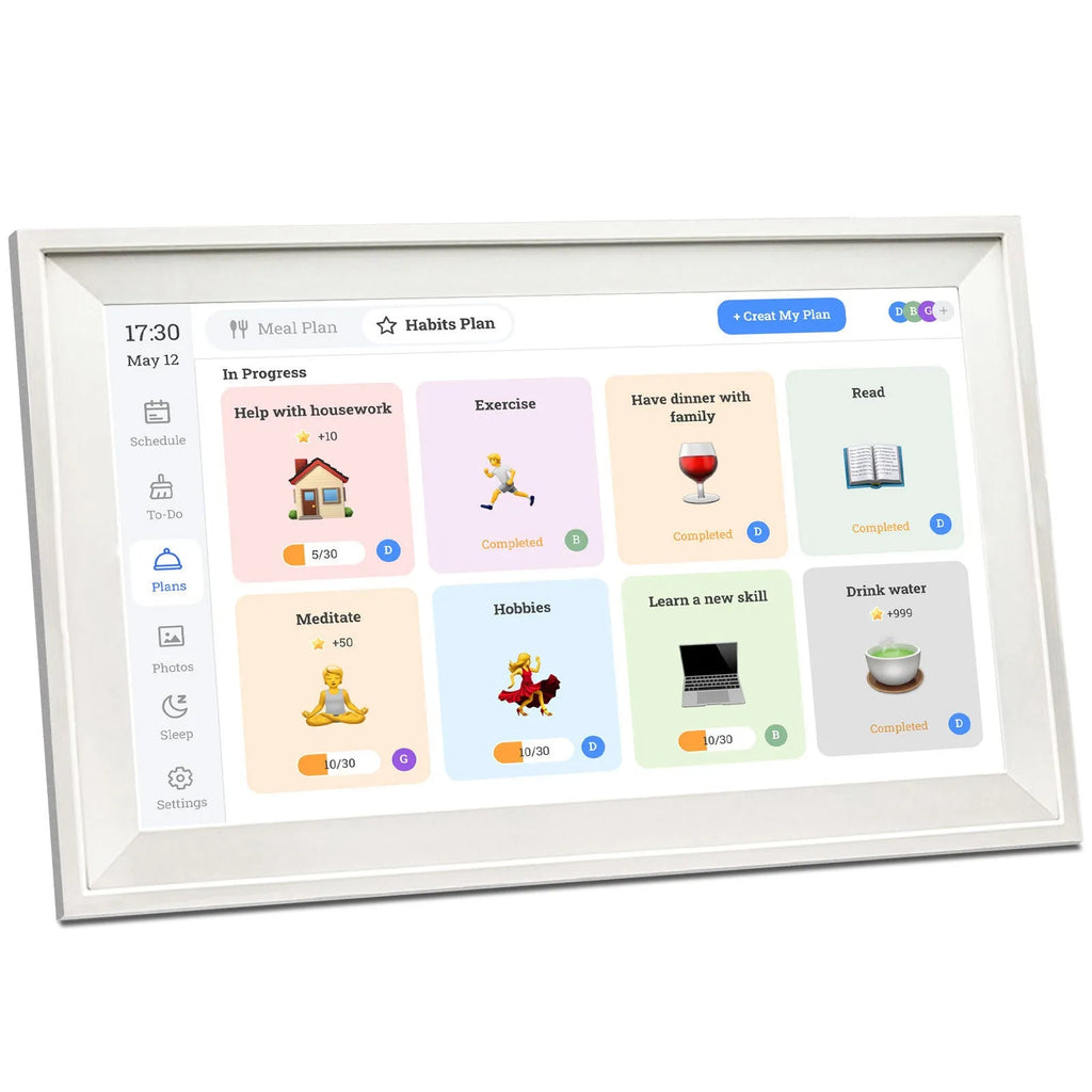 White 15.6-inch smart digital photo frame with wall mount bracket and mobile app connectivity