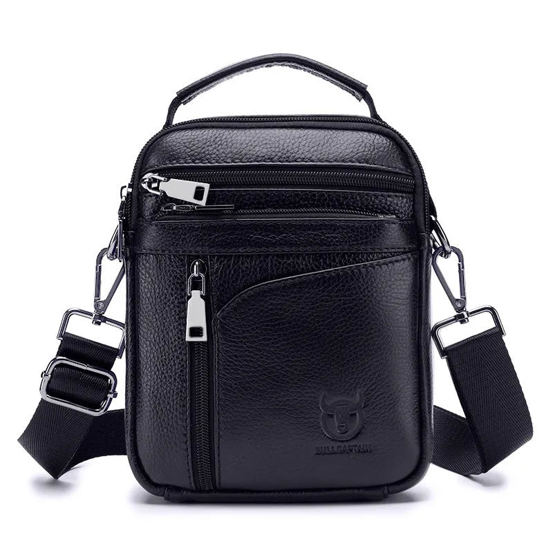 Men's black genuine leather shoulder messenger bag with retro style on a plain background