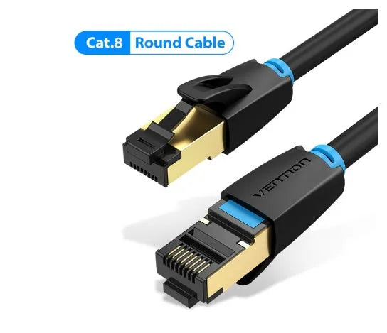 CAT8 shielded Ethernet cable with RJ45 connectors showing flat and round style options in various lengths