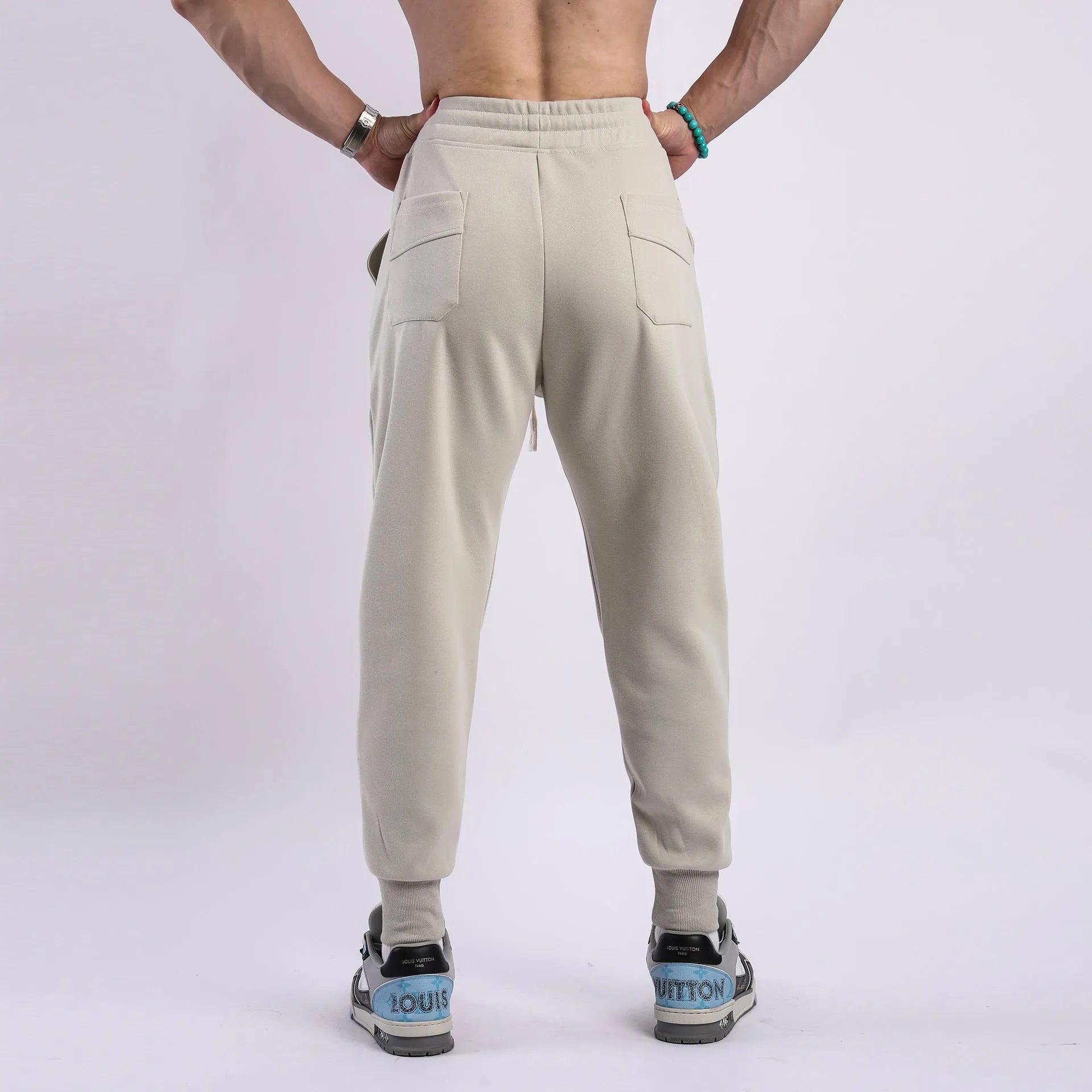 Men's casual ankle-tied drawstring sweatpants in black, polyester cotton fabric, mid waist, available in 5 sizes