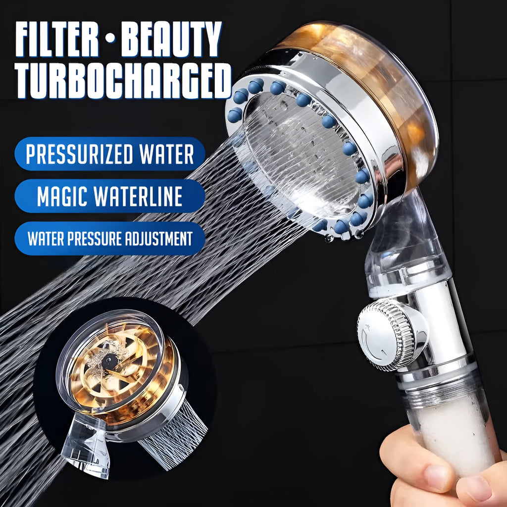 High pressure turbo shower head with ABS body, stainless steel panel, silicone nozzles, and one-key stop button