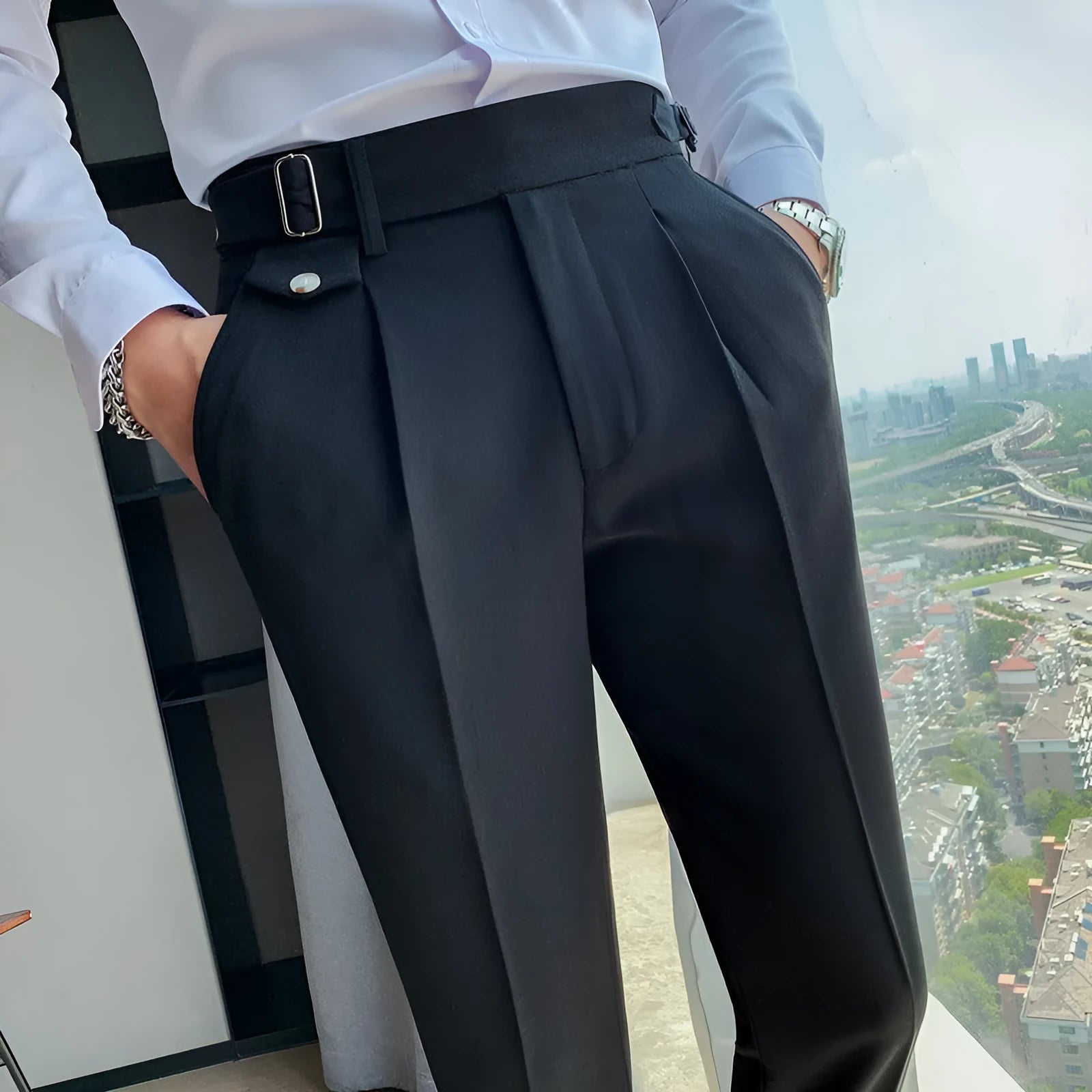 Men's straight-leg casual trousers in a solid colour on a neutral background.