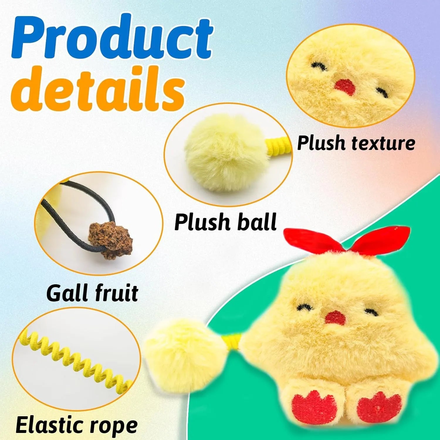 4-in-1 cat toy with plush animal, silvervine fruit, stretchable spring and fuzzy ball on white background