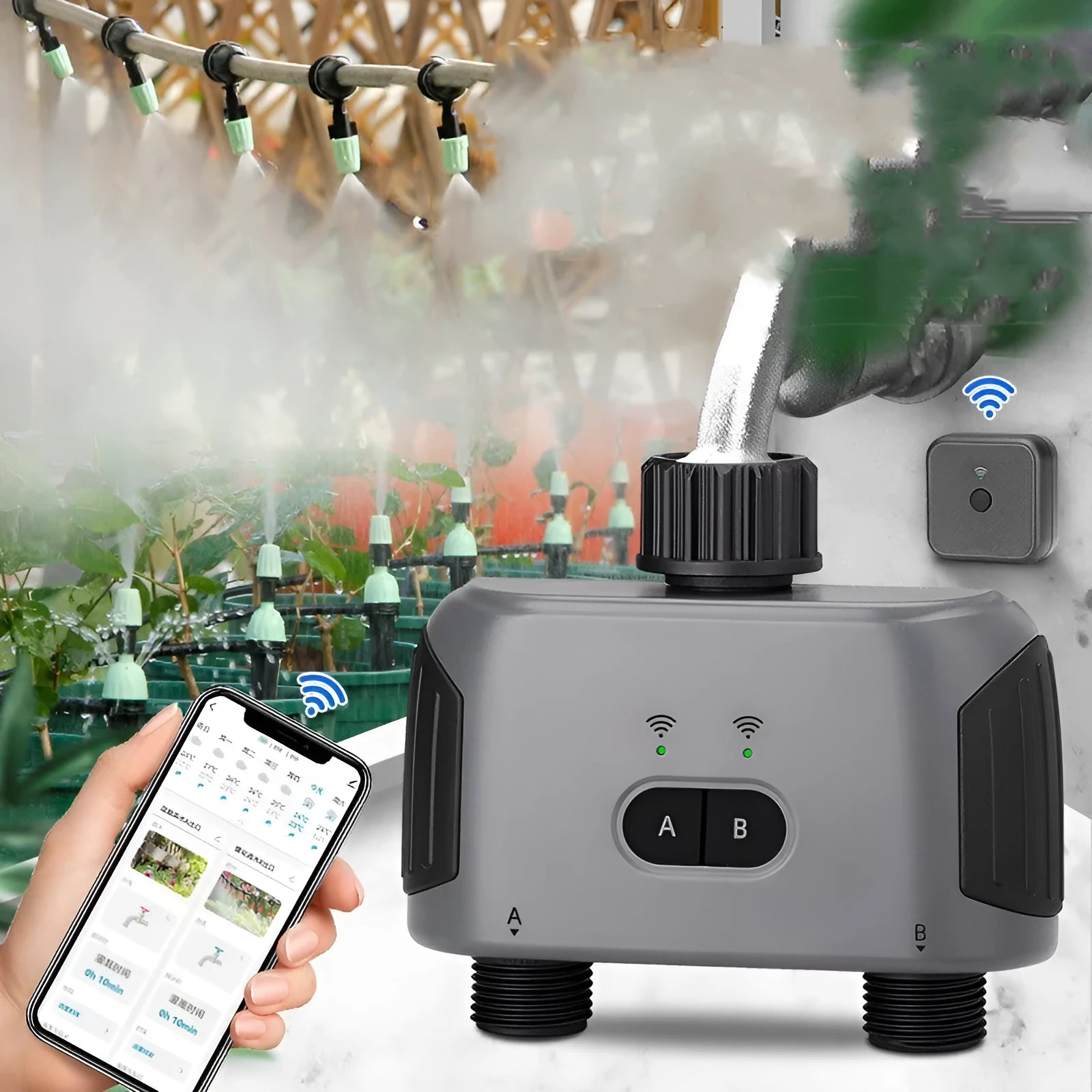 Bluetooth dual watering controller with timer connected to outdoor tap, 122x58x141.5mm, plastic body, IPX5 waterproof