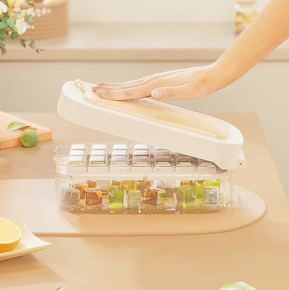 High capacity ice cube tray grid with lever mechanism, food grade PP PET TPE, includes ice shovel, blue colour