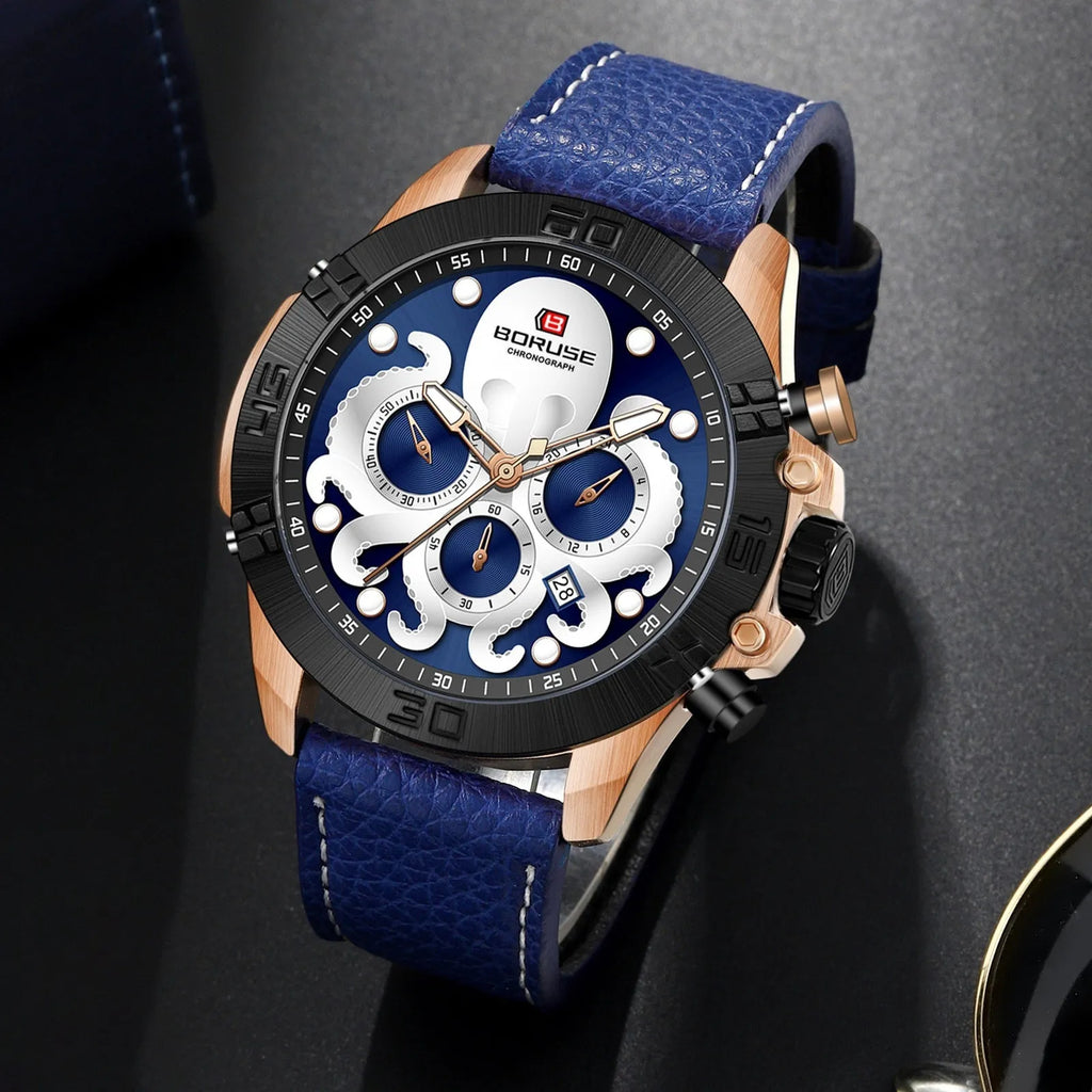Octopus men's waterproof luminous quartz casual watch blue ribbon blue face 13mm thickness
