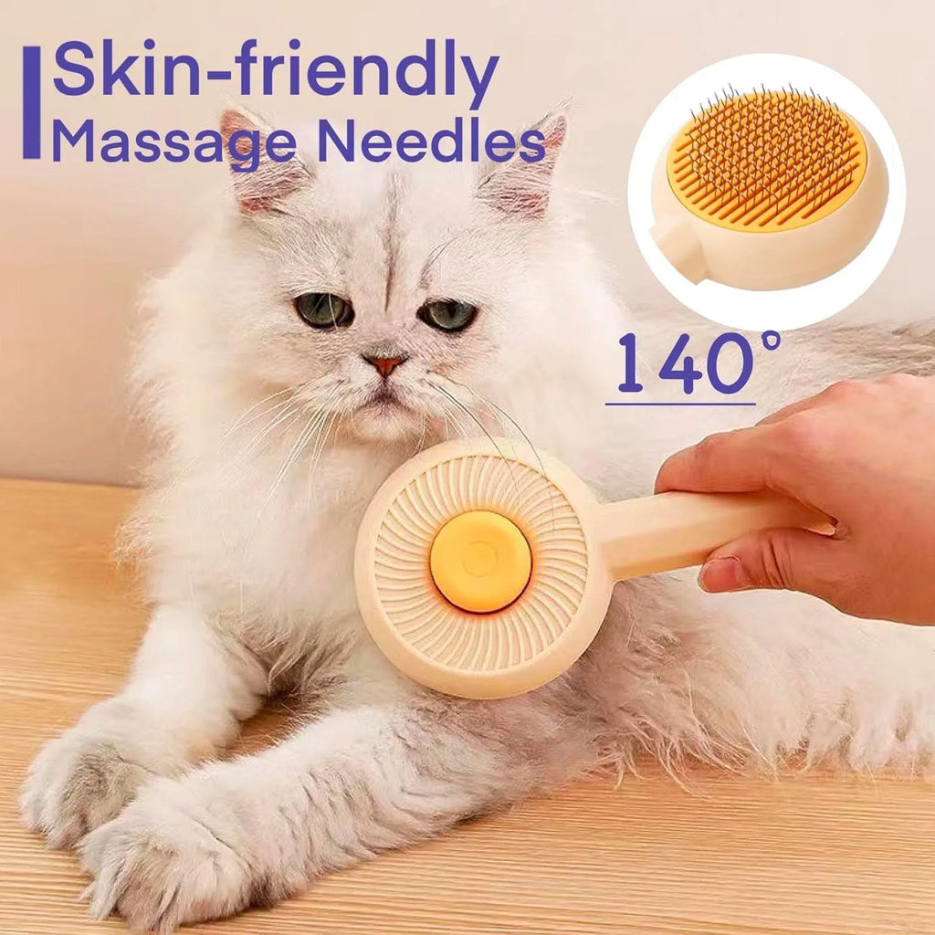 Blue and yellow pet grooming brush with self-cleaning button and angled needles
