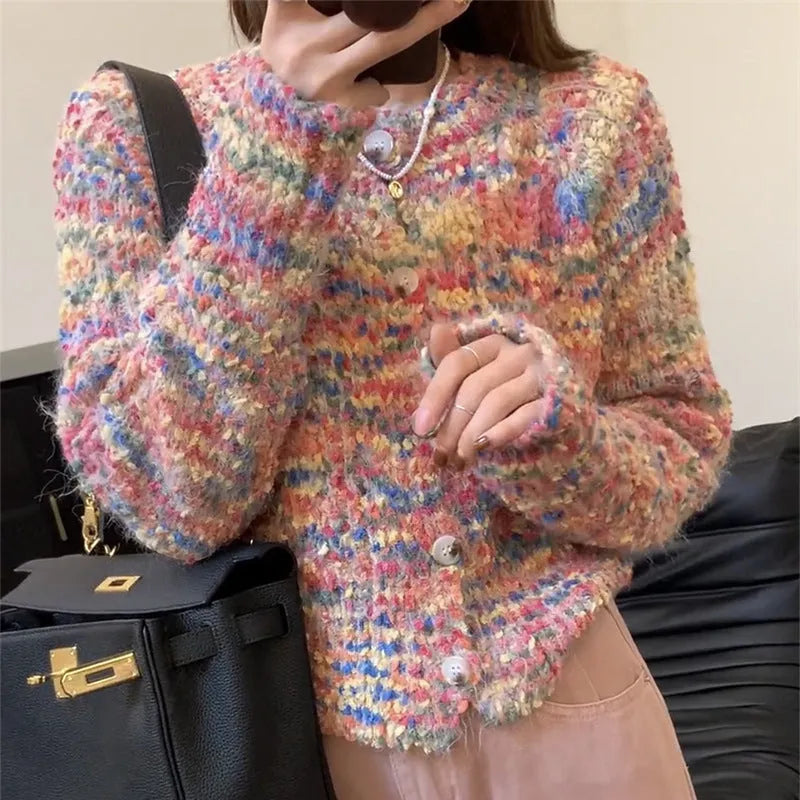 Green retro rainbow knitted cardigan with toothbrush hair fabric and slim fit