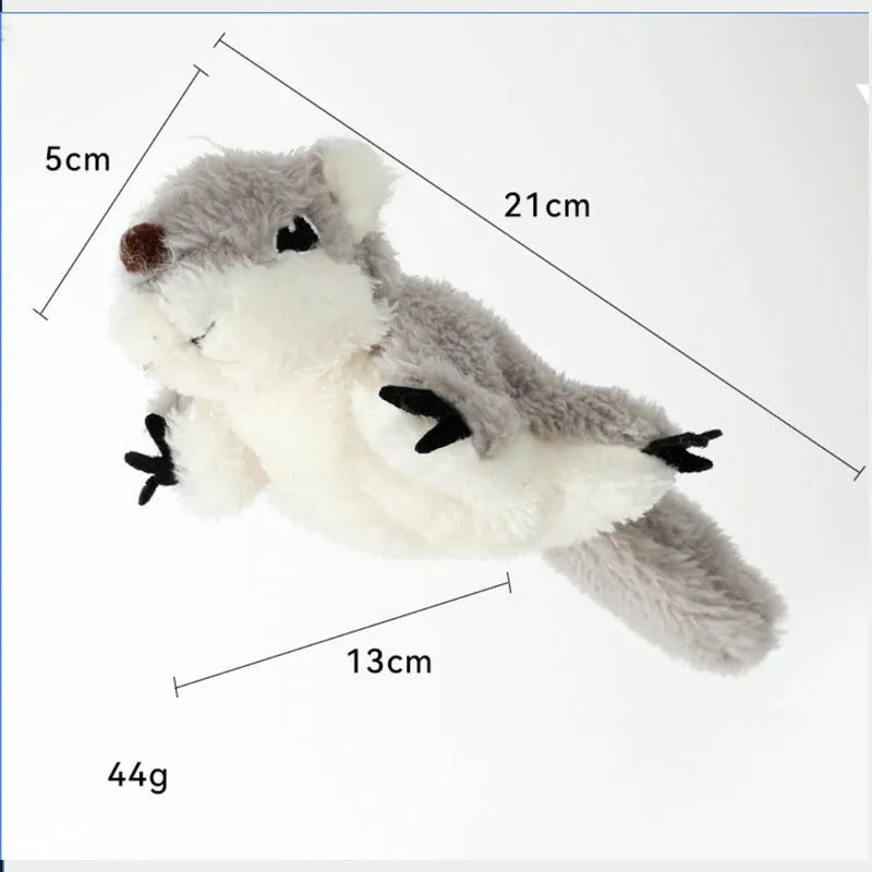 Grey flapping squirrel cat toy with motion sensor, USB charging port, and realistic sound features