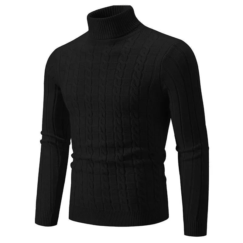 Men's slim fit chenille turtleneck pullover sweater in beige on a grey background.