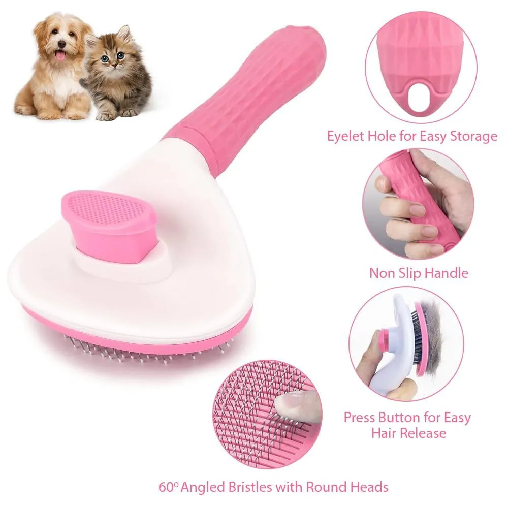 Cat grooming brush with a release button, shown in blue, grey, and pink colour options.