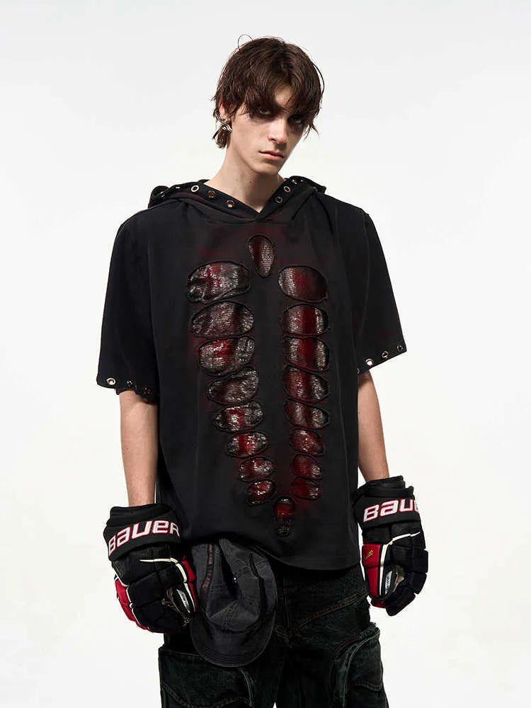 Black men's hooded short-sleeve t-shirt with all-over sequin coverage in loose fit