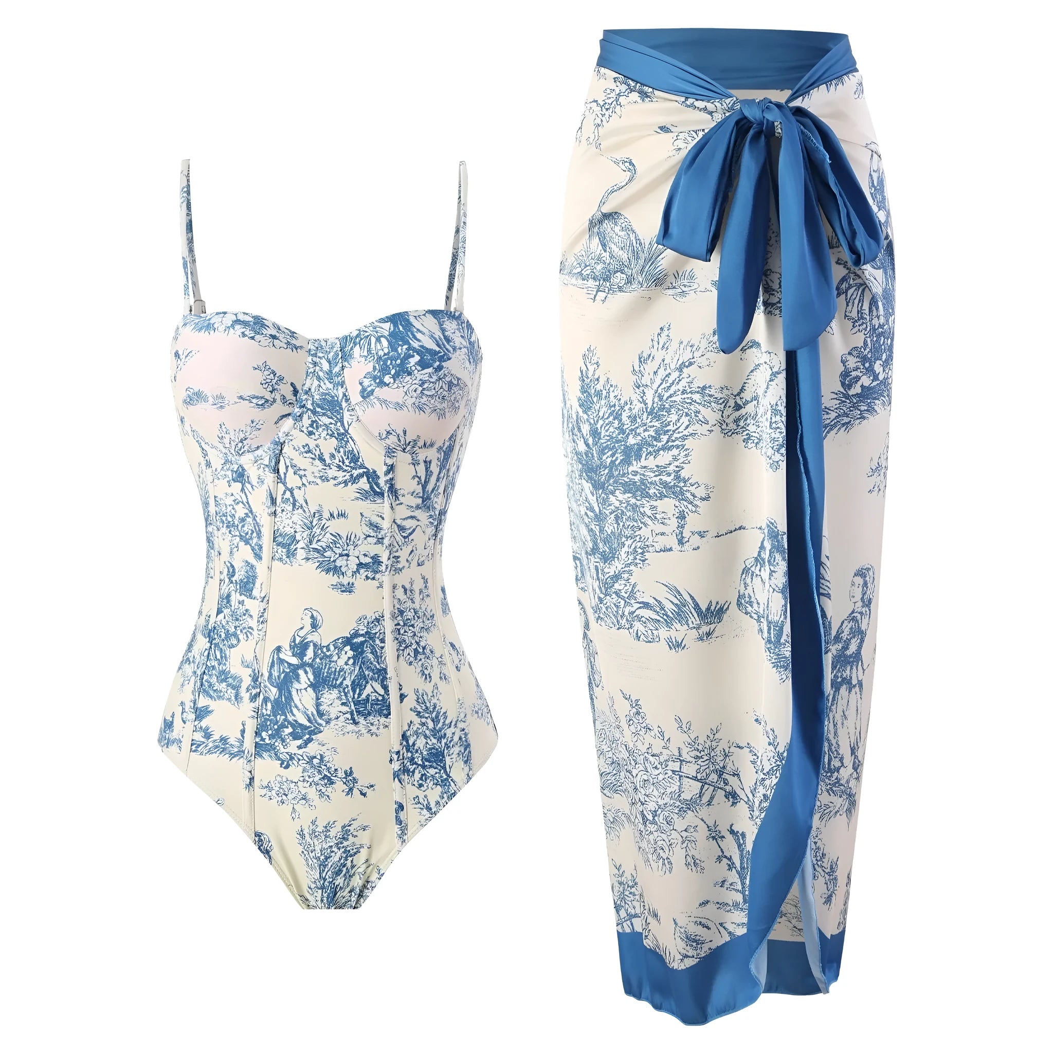 Blue patterned one-piece swimsuit for women with a matching lightweight gauze skirt cover-up.