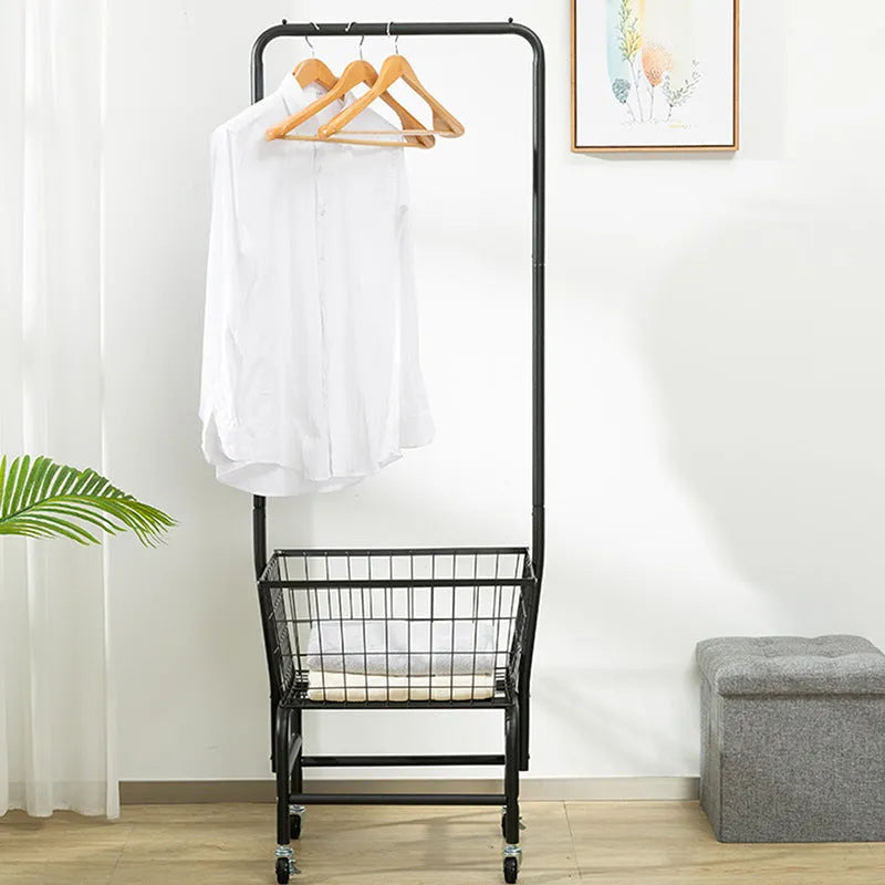 White iron single rod pulley storage car with clothes hanger on a rail.