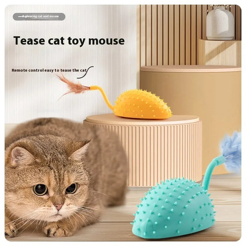 Remote control smart charging silicone mouse cat toy in cyan with remote and feathers