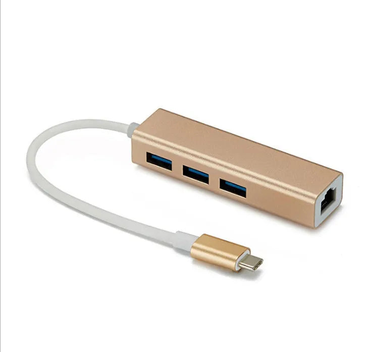 USB 3.0 to RJ45 Type-C Ethernet adapter hub in Champagne Gold, compact size 85x23.5x16.5mm