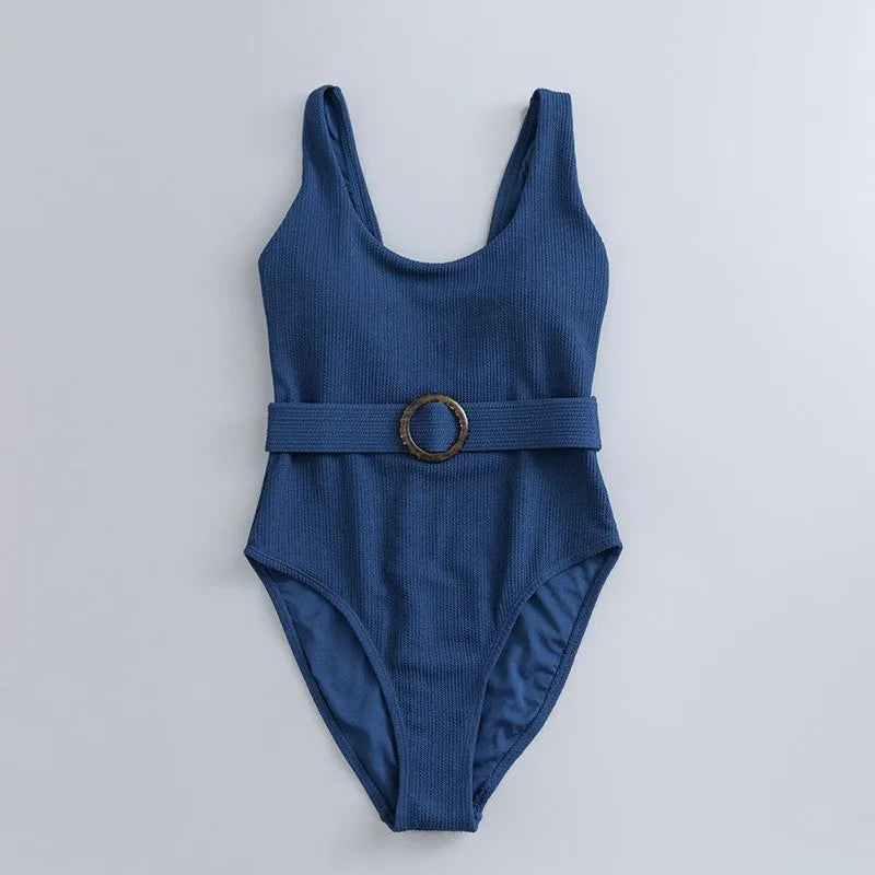 Navy blue women's one-piece swimsuit with triangle neckline and chest pads