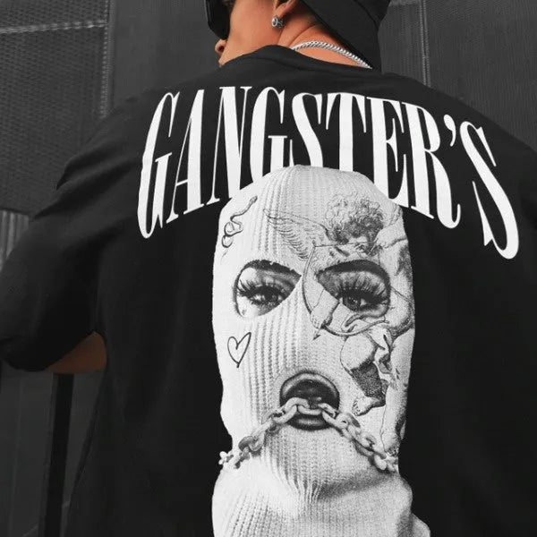 Men's black loose-fit letter print short-sleeve T-shirt imitation cotton fabric
