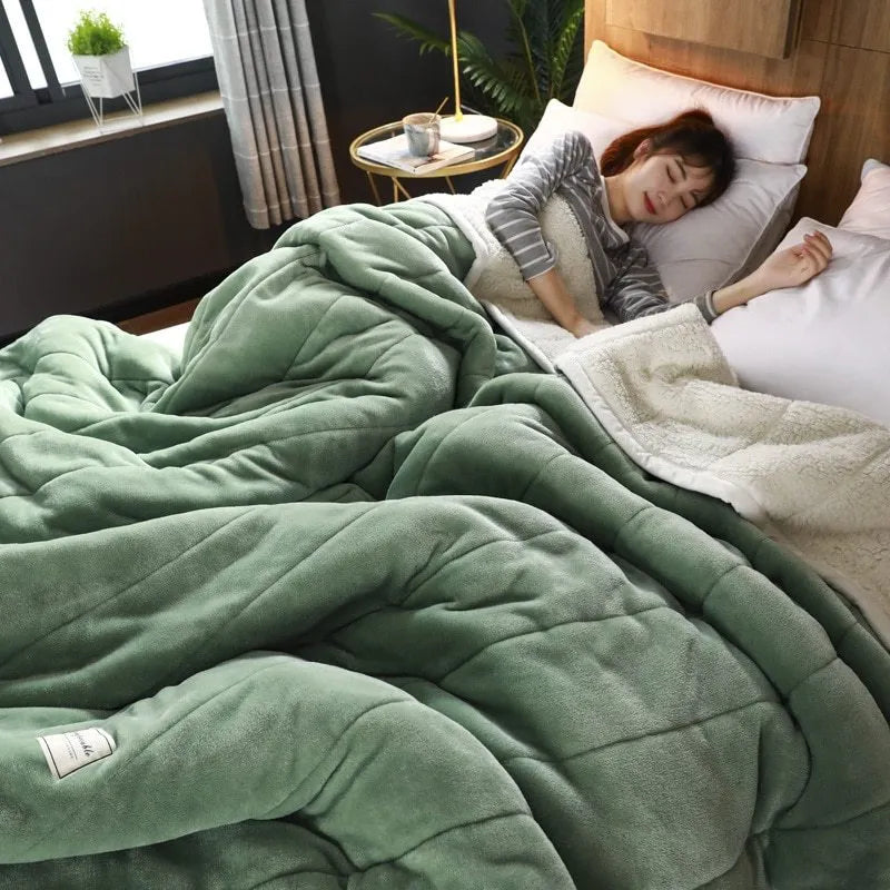 Thick three-layer composite coral fleece flannel blanket in pink colour, size 150x200cm