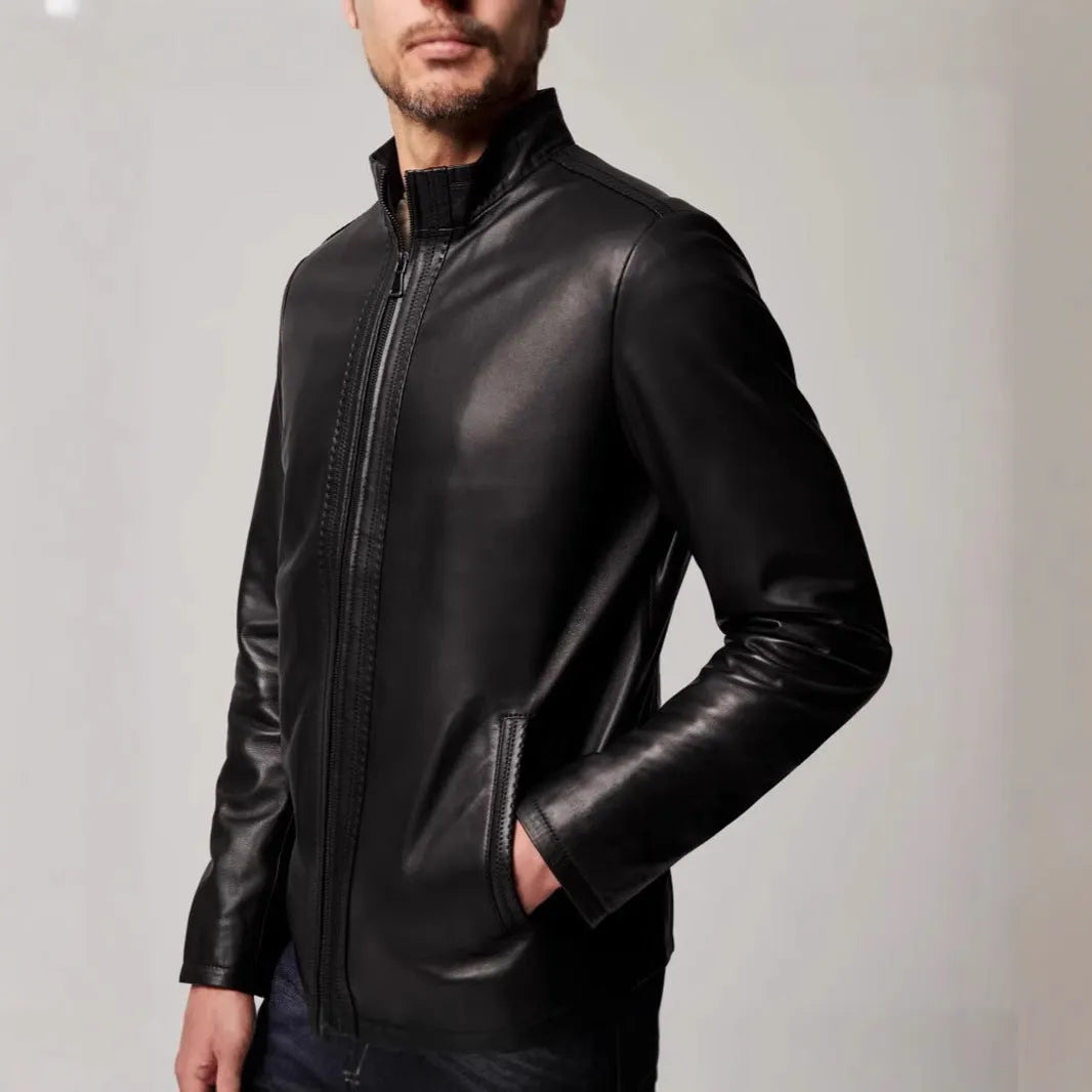 Men's black retro polyester leather jacket with regular fit, long sleeves, and straight hem