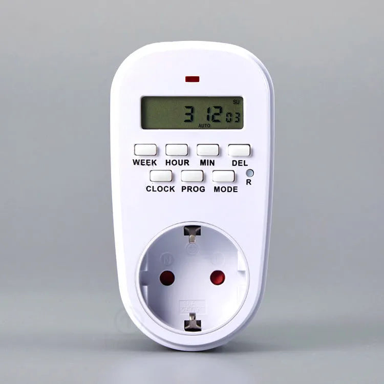 White digital timer timing programming socket with 7-day 20-group schedule, EU/UK/US plug options