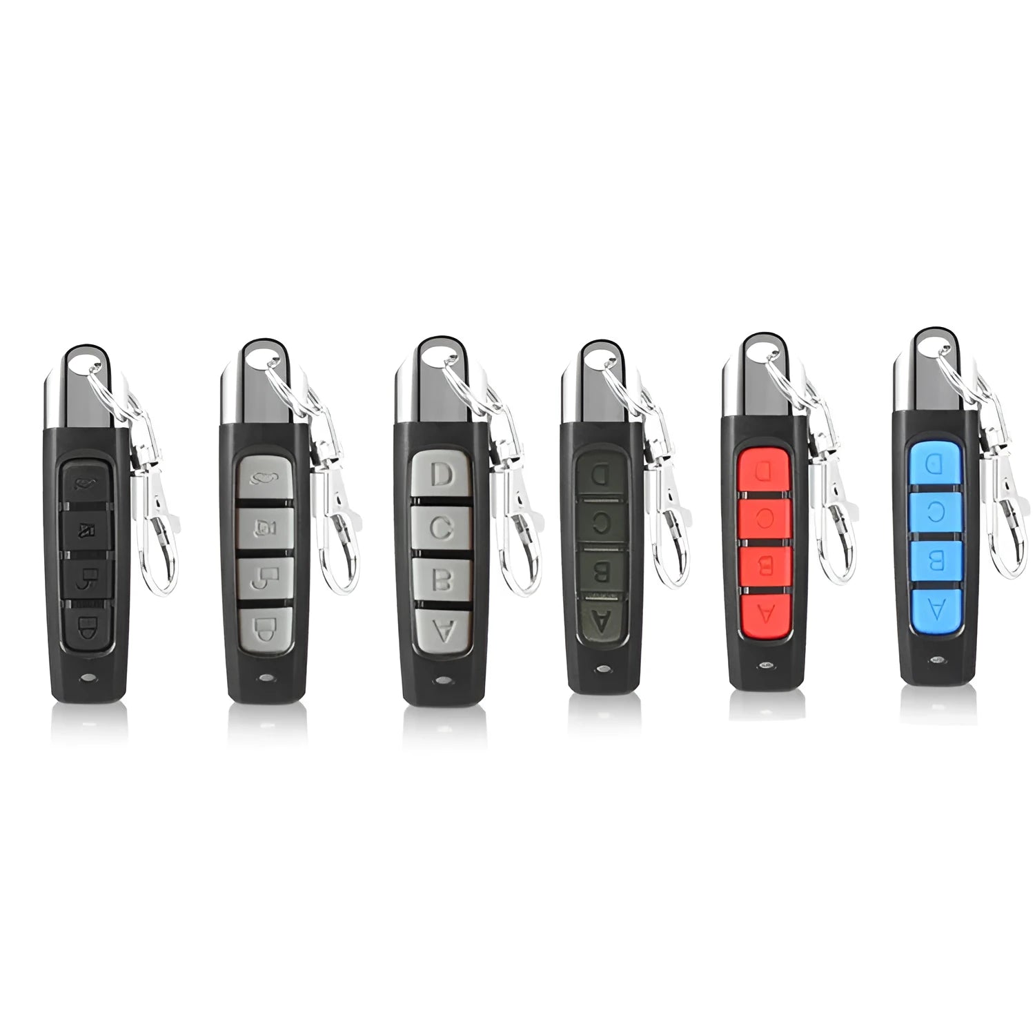 Rolling door remote control device showing four colour options: black, blue, grey, and red