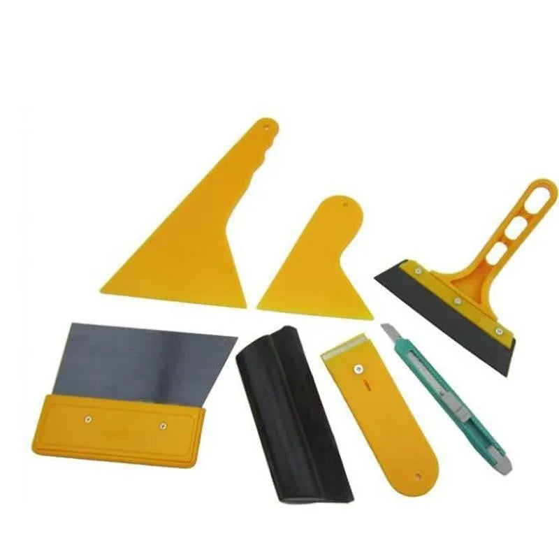 Seven-piece car foil tool set with scrapers, knives, and film installation tools