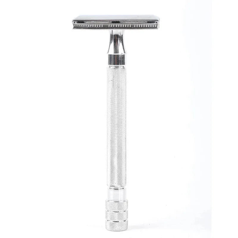 Manual shaving razor with brush combination in black or silver metal finish