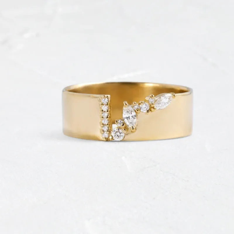 Gold-plated copper ring with shining zircon stones showing side and top views