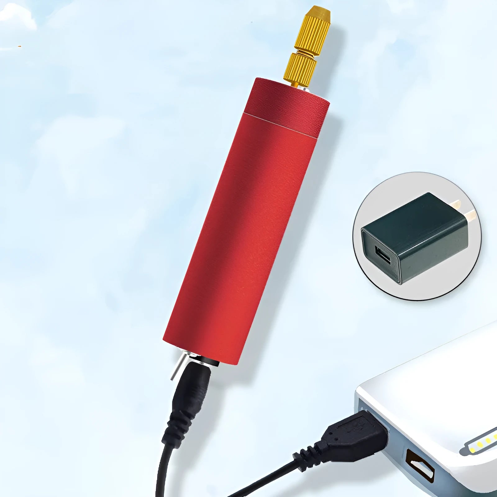 Mini USB electric grinder with aluminium body, two drill chucks, and three bits for resin crafting