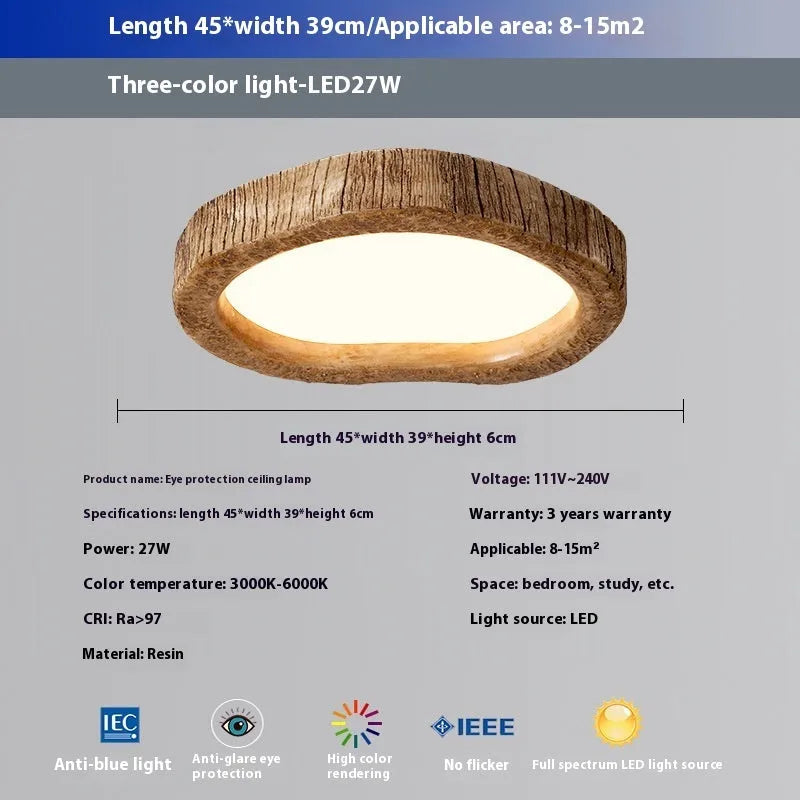 Round wood grain finish ceiling lamp in New Chinese style, shown in a bedroom setting.