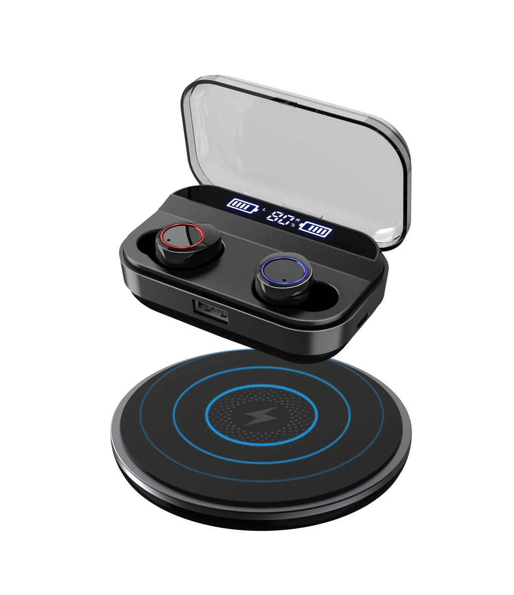 X11 Bluetooth wireless earbuds in black with charging case and multiple ear tip sizes