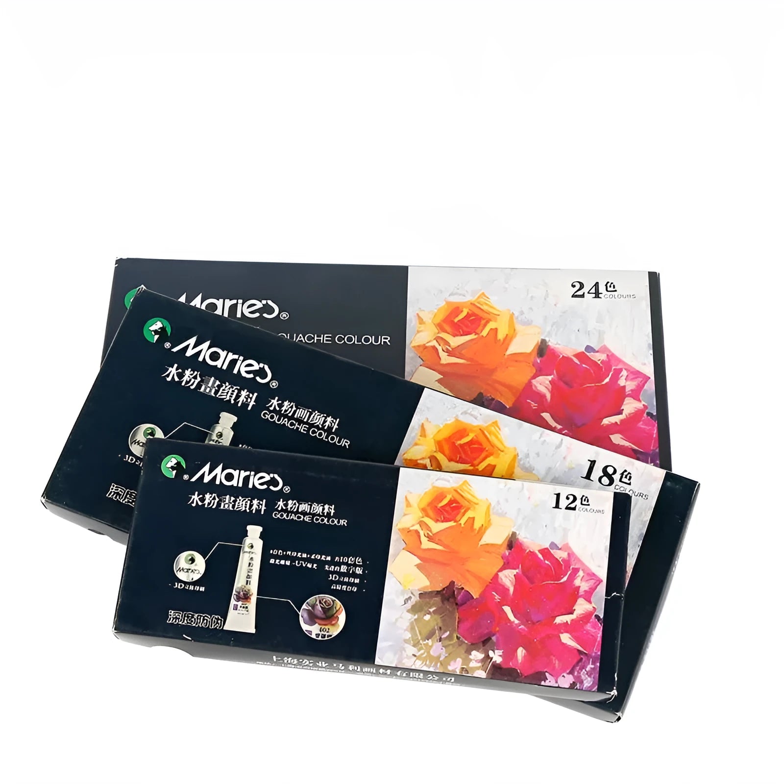 Gouache paint set with multiple colour tubes in a box, available in 12, 18, and 24 colour options with 5ml or 12ml tubes