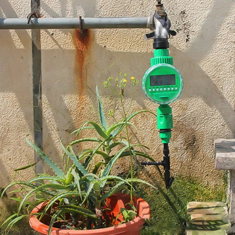 Green automatic watering timer for drip irrigation, household water flow, compact outdoor design