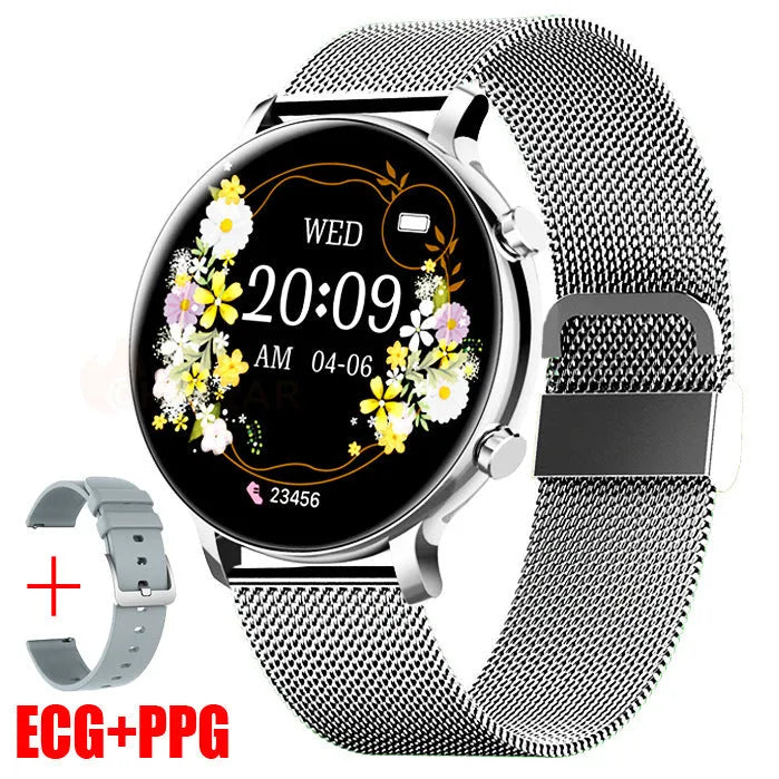 Bluetooth smartwatch with stainless steel strap showing call screen and health stats