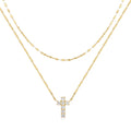 Sterling silver double layer twin diamond cross pendant necklace on clavicle chain