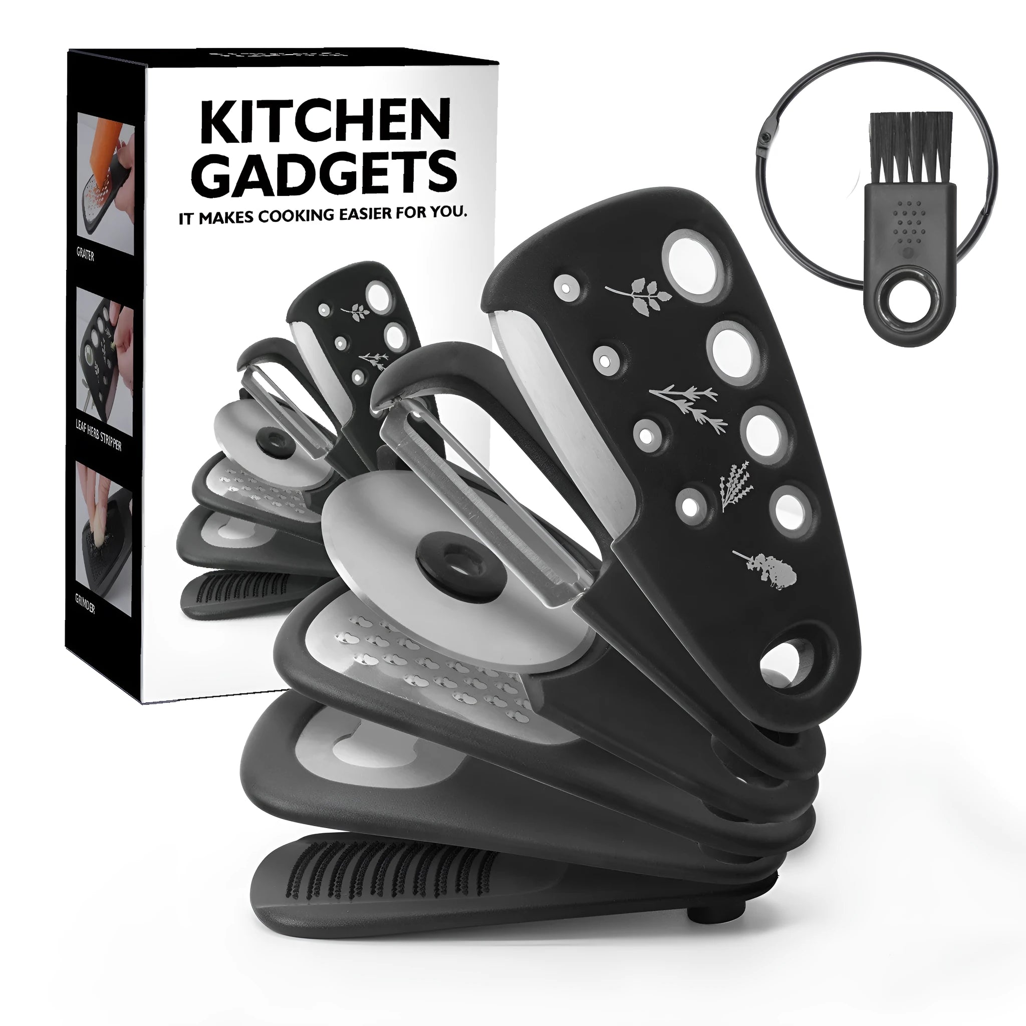 Six stacking kitchen gadgets with stainless steel heads and PP handles stored in a colour box with a brush