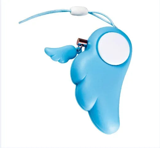 Blue personal security alarm with clip and pull pin on a grey handbag strap
