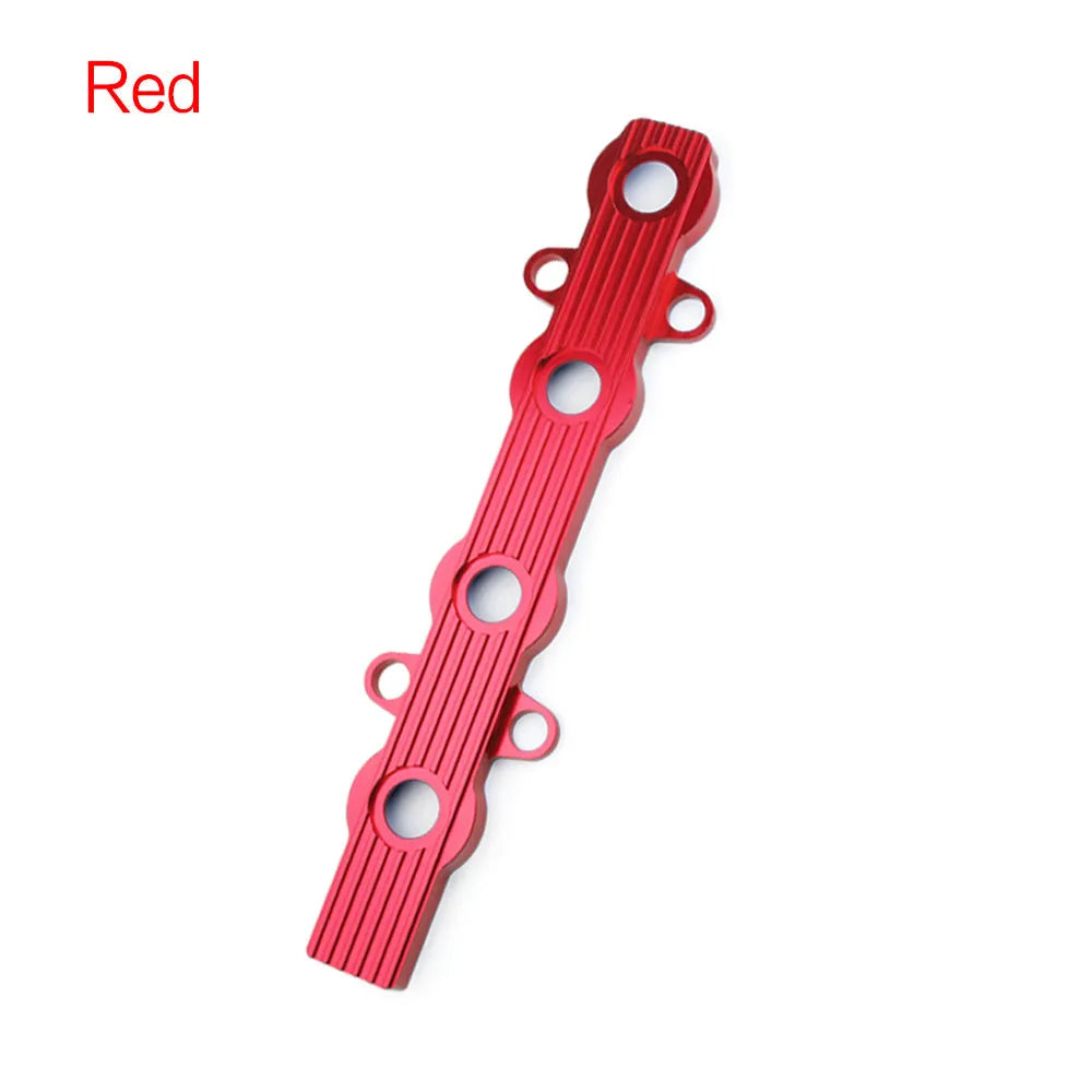 Aluminium alloy engine harness mounting bracket in blue, red, or silver finish, shown with and without pre-drilled holes.