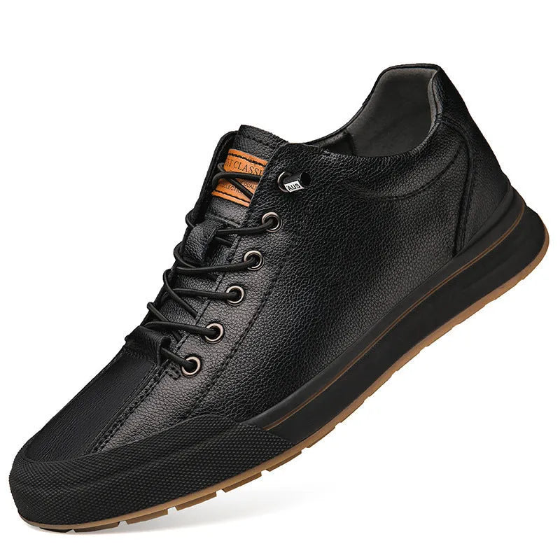 Men's white and black matte leather casual shoes with round toe and flat heel.