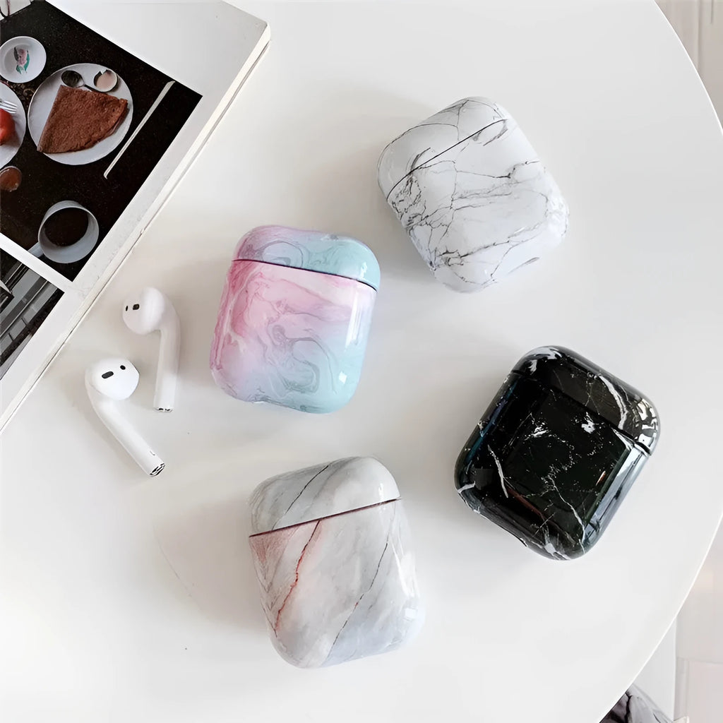 White marble patterned hard PC protective case compatible with Apple Airpods 1 and 2 charging box