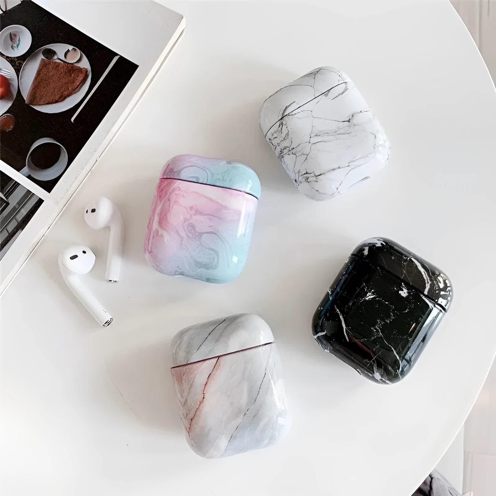 White marble patterned hard PC protective case compatible with Apple Airpods 1 and 2 charging box
