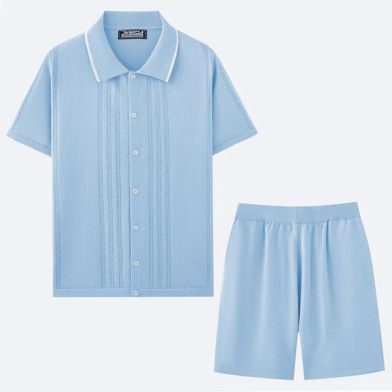Tencel knitwear business casual two-piece set with short sleeve top and shorts in multiple colours.