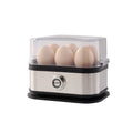 Black portable stainless steel mini egg boiler with power cord and plug adaptors for travel