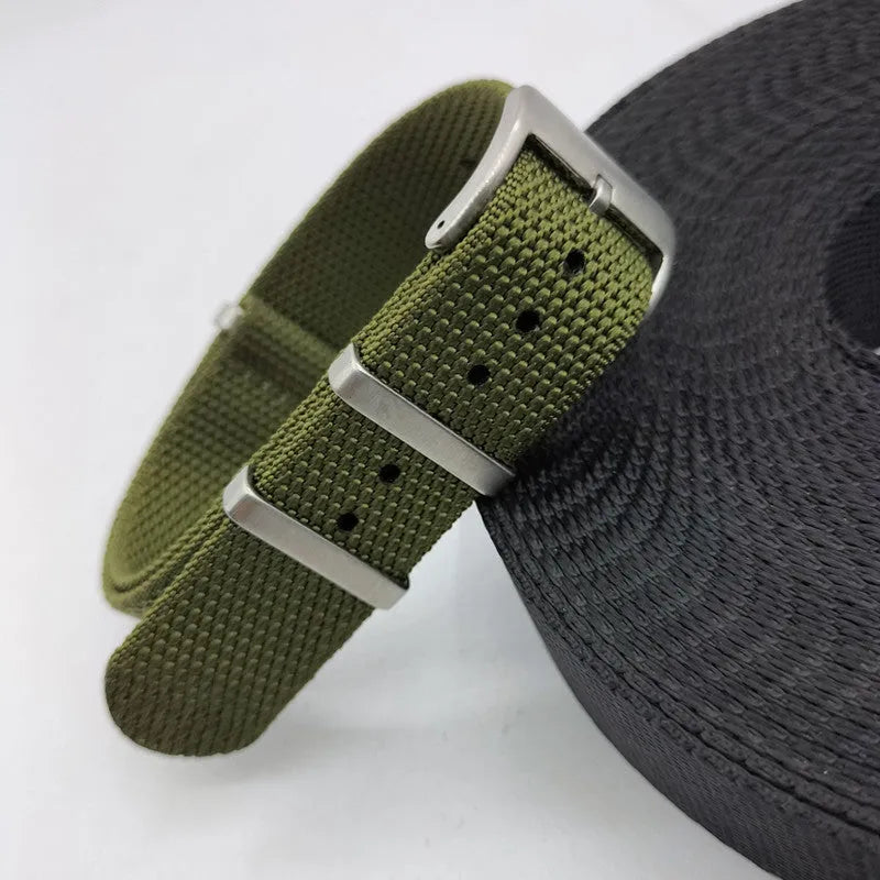 20mm wide nylon integrated watch strap in five colour options on a watch case.