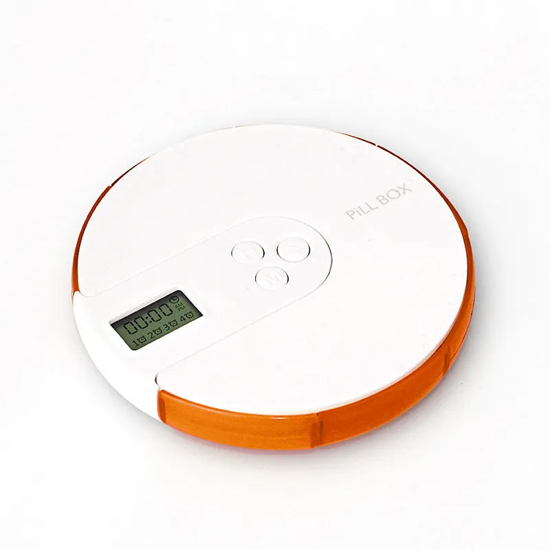 Seven compartment alarm clock pill dispenser showing medication compartments and display