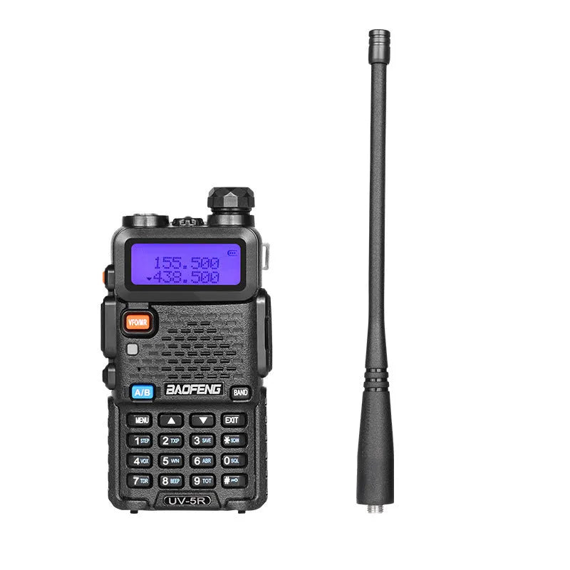Black handheld dual-band two-way radio walkie talkie with antenna, LCD screen, and keypad.