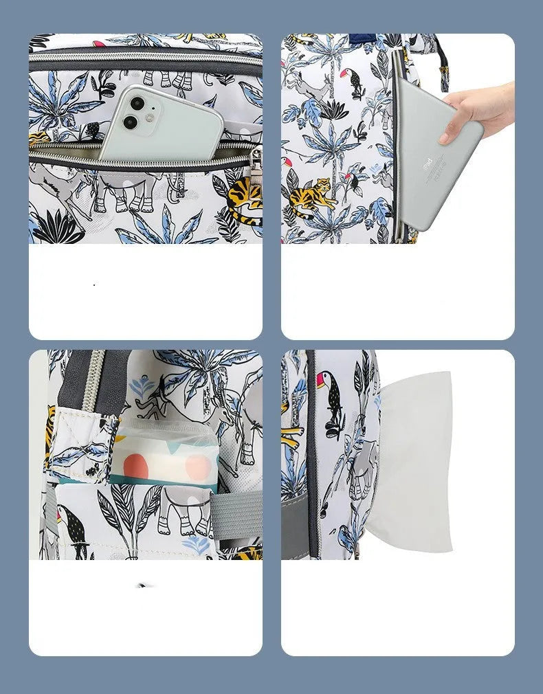 Mummy bag shoulder large capacity Oxford fabric geometric pattern, blue crown colour, double straps, 40x25x17cm
