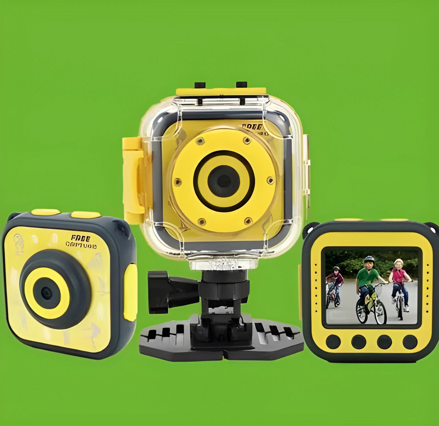 Yellow children's waterproof sports camera with LCD screen and compact design